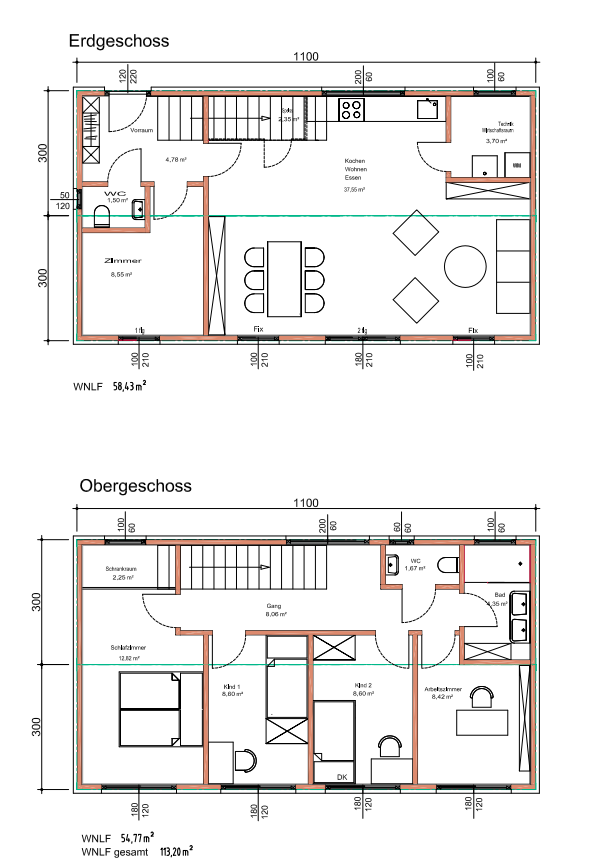 Grundrissbeispiel 132m2 zweigeschossig