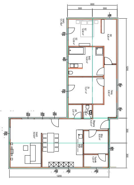 Grundrissbeispiel Bungalow in L-Form 144m2