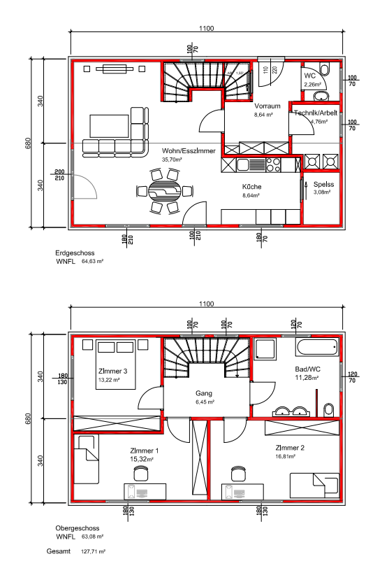 Grundrissbeispiel 150m2 zweigeschossig